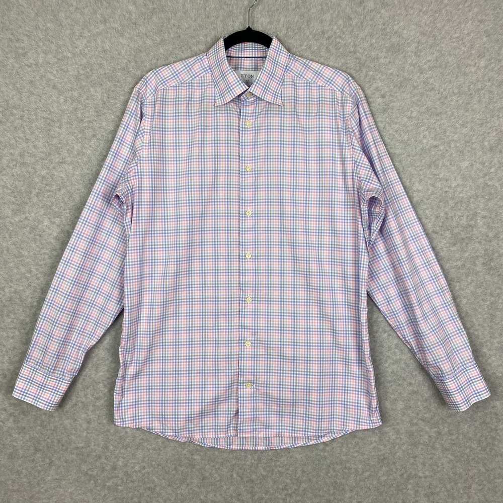 Eton Shirt Mens L Slim Multicolor Plaid Dress Cotton Button Down